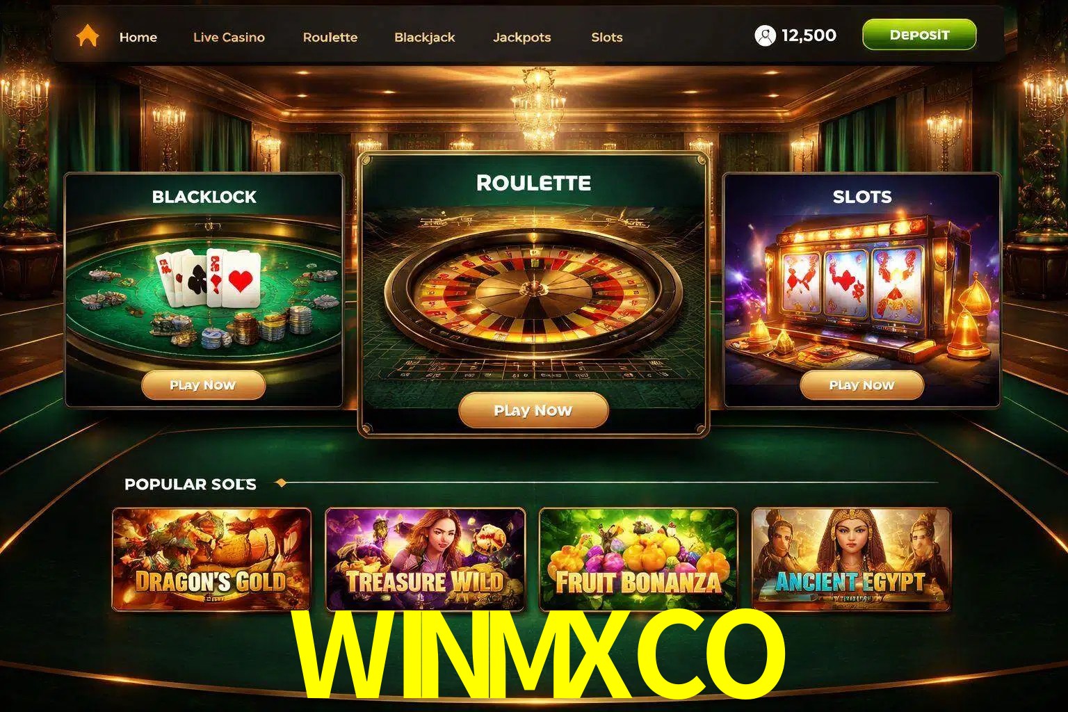 Vista de la plataforma WINMXCO Casino mostrando categorías organizadas de juegos en línea