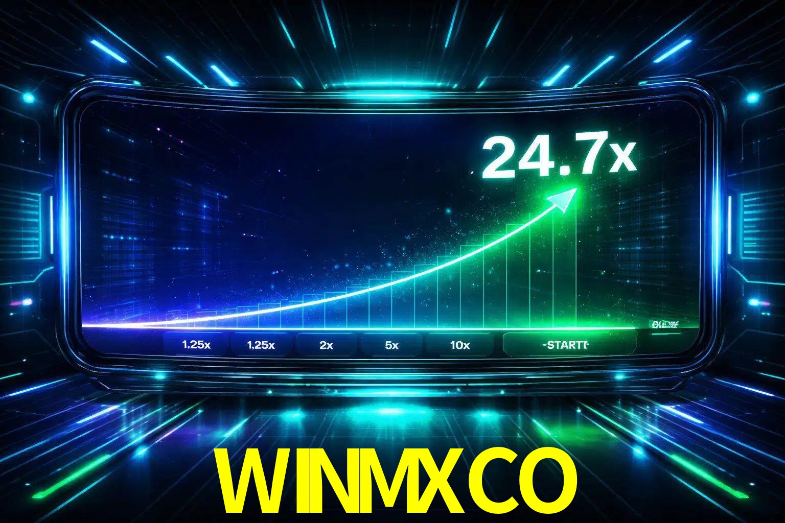 Una pantalla moderna de juego estilo crash con multiplicadores ascendentes, visuales de neón y una interfaz intensa enfocada en la acción.