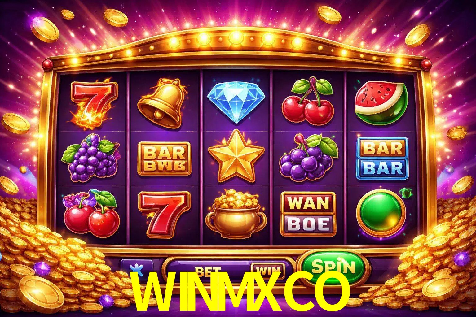 Una interfaz colorida de tragamonedas en línea con símbolos brillantes, monedas y un efecto de victoria celebratoria en WINMXCO.