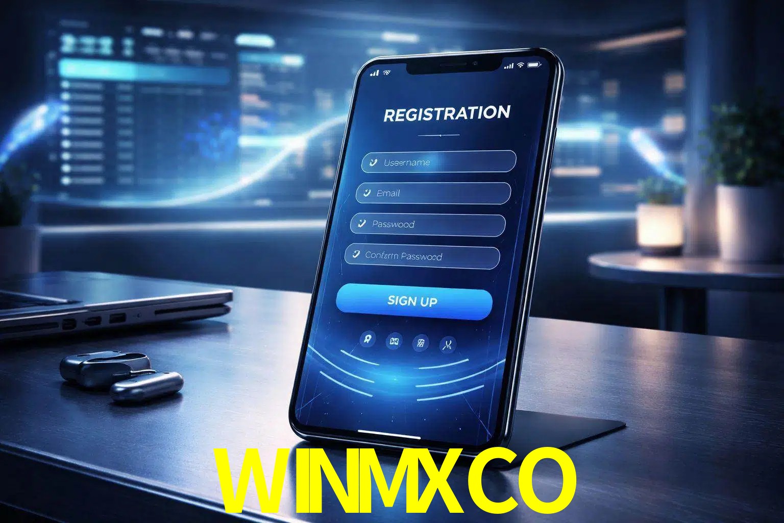 Una interfaz moderna de registro móvil para WINMXCO mostrada en un smartphone con un panel de apuestas elegante.